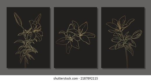 Set von luxuriöser goldener Wandkunst. Lineare goldene Lilien. Luxuriöse, minimalistische Linienkunst auf schwarzem Hintergrund. Sammlung botanischer Illustration