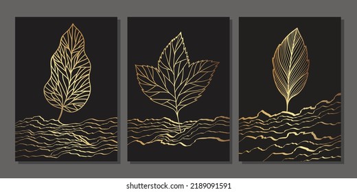 Set of luxury gold wall art. Golden leaves, maple with veins. Abstract minimalist art with linear plants and marble effect texture on black background