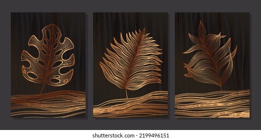 Set of luxury gold wall art with tropical plants. Golden linear fern, monstera and palm leaves with line texture. Abstract minimalist art mural illustration with leaf veins