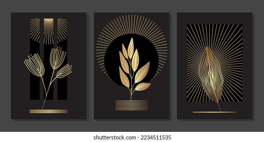 Set of luxury gold wall art. Geometric and line elements, golden leaves, japanese style branches. Abstract minimalist art mural illustration with linear plants on black background