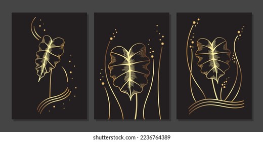 Set of luxury gold wall art. Golden alocasia leaves, line art branches. Linear plants on black background. Abstract minimalist art mural illustration