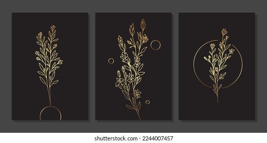 Set of luxury gold wall art. Geometric and line elements, golden leaves, branches, flowers. Abstract minimalist art mural illustration with linear plants on black background