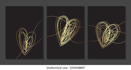 Set of luxury gold wall art. One line art with hearts on black background. Tangled ball of hearts. Golden linear clew. Love and relationship concept