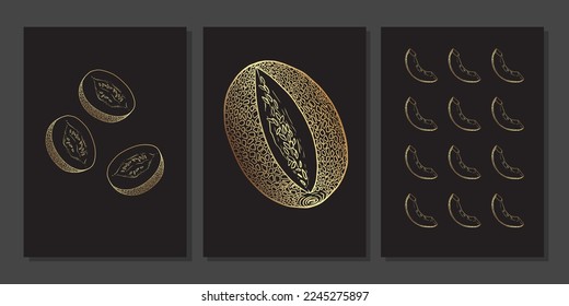 Set of luxury gold wall art. Golden honeydew melon. Gold slice, half, whole cantaloupe melon illustration. Minimalist line art with caribbean melon on black background