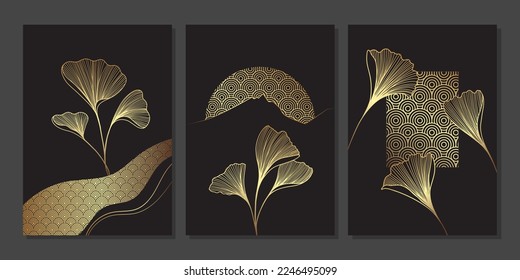 Set of luxury gold wall art. Golden ginkgo biloba leaves and geometric elements. Japanese style line art with branches. Linear plants on black background. Abstract minimalist art mural illustration