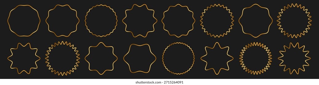 Set of luxury gold wavy circular frames and starburst borders