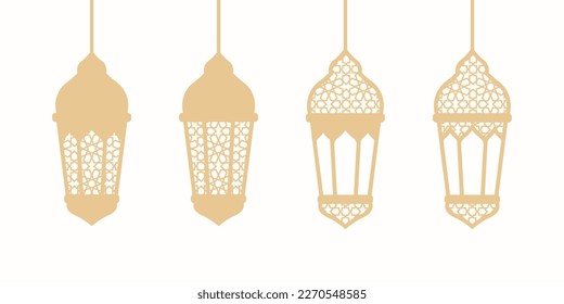 Set of luxury golden arabic lantern with islamic pattern. Golden lantern, lamp line icons. Arabian design element. Islam decoration. Greeting garland. Muslim festival. Vector illustration.