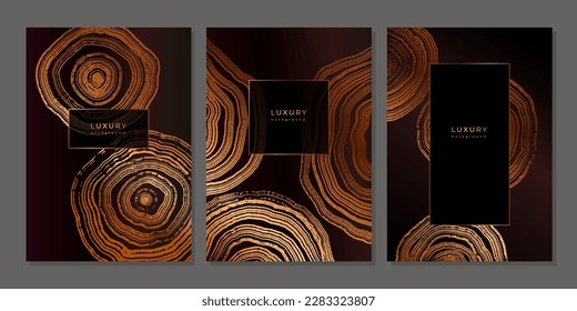 Set of luxury golden backgrounds with wood annual rings texture. Template with shiny tree ring pattern. Stamp of tree trunk in section. Wooden concentric circles. Black and bronze gold background 