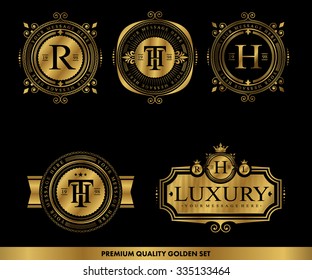 Set of luxury golden badges and stickers. Royal flourishes calligraphic. Luxury ornament lines.