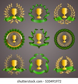 Set of luxury golden champion cups, medals, emblems with gold laurel wreaths, green ribbons for page, web design. Filigree elements, icons, signs in vintage style. Vector illustration EPS 10.