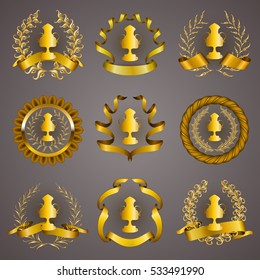 Set of luxury golden champion cups, medals, emblems with gold laurel wreaths, ribbons for page, web design. Filigree elements, icons, signs in vintage style. Vector illustration EPS 10.