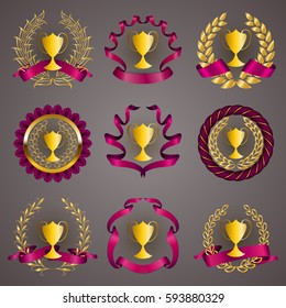 Set of luxury golden champion cups, medals, emblems with gold laurel wreaths, red ribbons for page, web design. Filigree elements, icons, signs in vintage style. Vector illustration EPS 10.