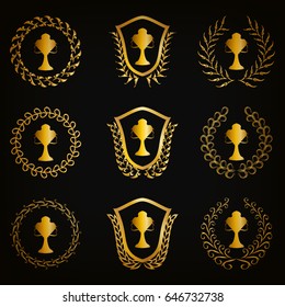 Set of luxury golden champion cups with laurel wreaths. Filigree elements, symbols, logos for web, page design in vintage style. Vector illustration EPS 10.