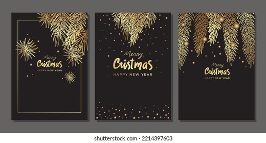 Set of luxury golden Christmas template. Gold christmas tree, pine branches, firework, glitter, lettering. Vertical black poster background