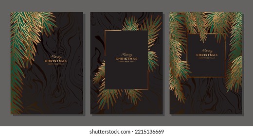 Set of luxury golden Christmas template. Gold christmas tree, pine branches. Vertical black poster background with marble texture