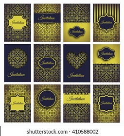 Set of luxury golden and dark blue invitations. A4 invite templates with frame, badge, ribbon and heart shape. Striped and floral forged pattern backgrounds. Birthday, anniversary or wedding greetings