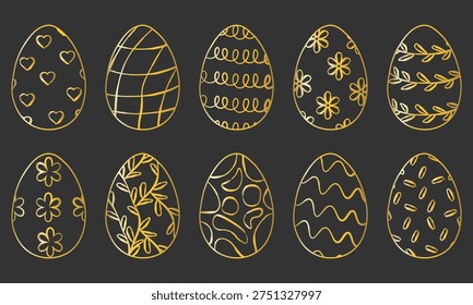 Set of luxury golden Easter eggs with hand drawn floral and geometric patterns on black background. Premium metallic elements for elegant holiday branding and greeting cards. Vector illustration