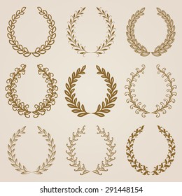 Set of luxury golden labels, emblems, medals, stickers, monograms with laurel wreaths. Page decoration, floral elements. Vector illustration in vintage style.