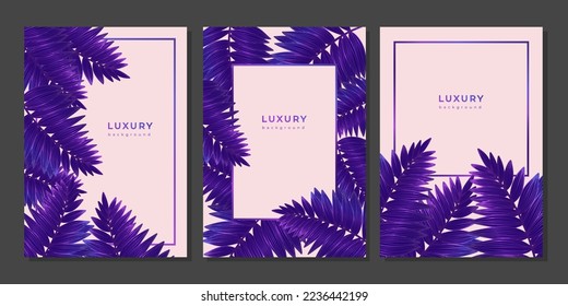 Set of luxury golden purple templates with tropical plants. Linear fern branches, palm leaves. Poster with leaf with veins on pink background. Magical glittering plants. Wedding invitation