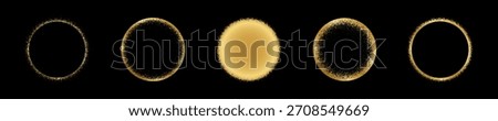 Set of luxury golden rings with gritty texture. Gold round shapes with scatter or mezzotint effect borders isolated on black background. Solar eclipse design elements. Vector illustration.