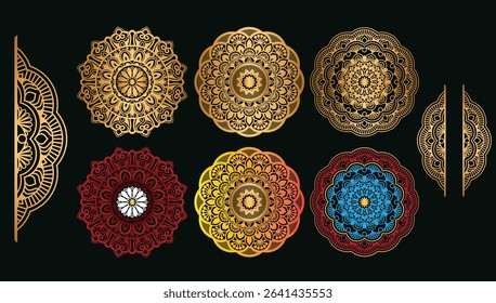  Set of luxury golden royal mandala arabesque islamic pattern for wedding invitation card in gold transparent background