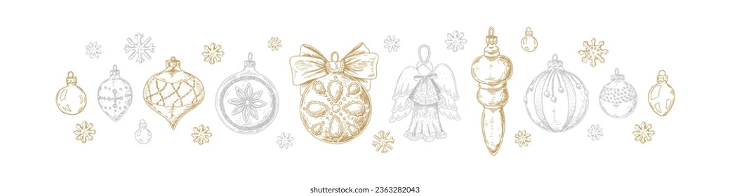 Set of luxury golden and silver Christmas tree balls in sketch style. Handdrawn Merry Christmas snd Happy New Year decoration. Design for greeting cards, certificates, holiday invitations