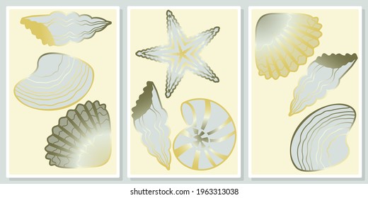 set of luxury golden silver seashells wall art vector set; for wall art, poster, wallpaper, print