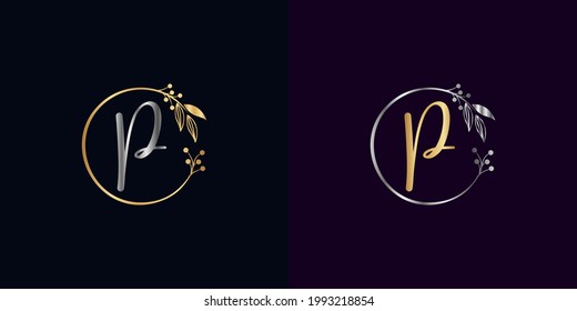 Set Of Luxury Golden And Silver Signature Letter P Isolated Circle With Leaves Ahead. Vector Monogram For Personal Signature, Cosmetic, Restaurant, Boutique, Hotel , Nature Logo Concept Vector