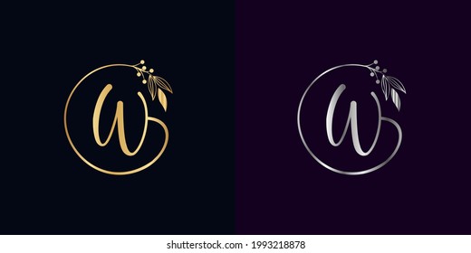 set of luxury golden and silver signature letter W isolated circle with leaves ahead. vector monogram for personal signature, cosmetic, restaurant, boutique, hotel , nature logo concept vector