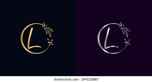 set of luxury golden and silver signature letter L isolated circle with leaves ahead. vector monogram for personal signature, cosmetic, restaurant, boutique, hotel , nature logo concept vector