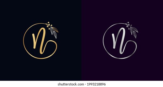 set of luxury golden and silver signature letter N isolated circle with leaves ahead. vector monogram for personal signature, cosmetic, restaurant, boutique, hotel , nature logo concept vector