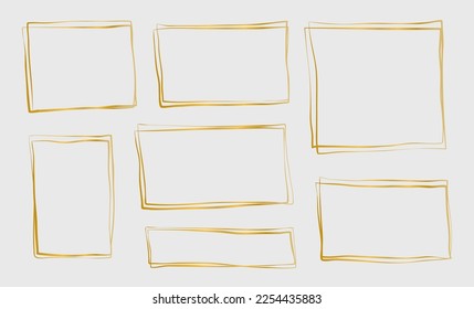 Set of luxury golden square and rectangle shapes isolated on gray background. Shiny line frames.