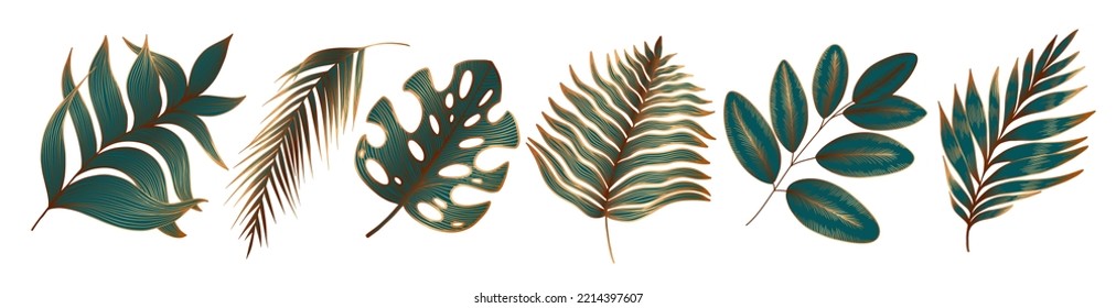 Set of luxury golden tropical leaves. Linear palm leaf, monstera, fern, ficus isolated on white background. Gold shiny exotic plants