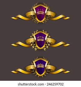 Set of luxury golden vector shields with laurel wreaths, crowns, ribbons. Royal heraldic emblem, icons, label, badge, blazon for web, page design. Vector illustration EPS 10.