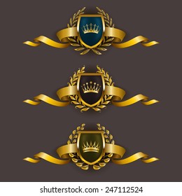 Set of luxury golden vector shields with laurel wreaths, crowns, ribbons. Royal heraldic emblem, icons, label, badge, blazon for web, page design. Vector illustration EPS 10.