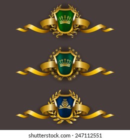 Set of luxury golden vector shields with laurel wreaths, crowns, ribbons. Royal heraldic emblem, icons, label, badge, blazon for web, page design. Vector illustration EPS 10.