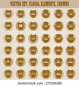 Set of luxury golden vector shields with laurel wreaths, crowns. 