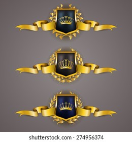 Set of luxury golden vector shields with laurel wreaths, crowns, ribbons. Royal heraldic emblem, icons, label, badge, blazon for web, page design. Vector illustration EPS 10.