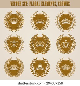 Set of luxury golden vector shields with laurel wreaths, crowns. Royal heraldic element, emblem, icon, symbol, label, badge, blazon, monogram for web, page design. Vector illustration.