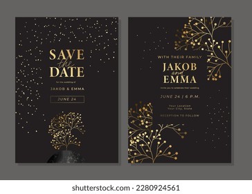 Set of luxury golden wedding invitation cards. Gold templates with tree, berries, branches, glitter. Save the date card. Vector background for wedding invitation. Layout design with shiny elements.