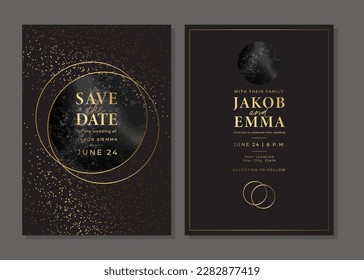 Set of luxury golden wedding invitation cards with rings and glitter. Gold templates. Save the date card. Vector background for wedding invitation. Elegant layout design with shiny elements.