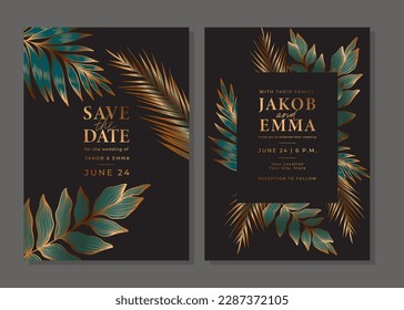 Set of luxury golden wedding invitation cards. Gold templates with bronze tropical plants, palm leaf, fern branches. Save the date card. Vector background for wedding invitation. Layout design.