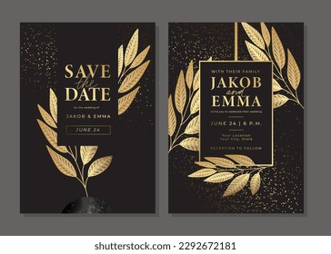 Set of luxury golden wedding invitation cards. Gold templates with tree, leaves, branches, glitter. Save the date card. Vector background for wedding invitation. Layout design with shiny elements.