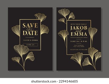 Set of luxury golden wedding invitation. Gold templates with  linear ginkgo biloba leaves. Save the date card. Japanese style line art with branches. Vector background for invitation. Layout design 