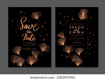 Set of luxury golden wedding invitation. Gold templates with linear ginkgo biloba leaves. Save the date card. Japanese style line art with branches. Vector background for invitation. Layout design 