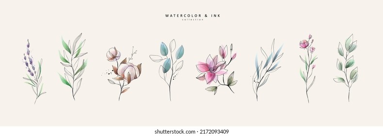 Set of luxury green leaves and flowers elements in watercolor and ink style. Aquarelle and line branches and blooming. Vector isolated on white background for Invitation, greeting card