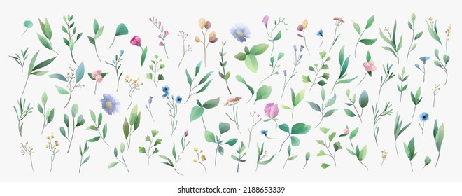 Conjunto de hojas verdes de lujo y elementos florales en un estilo acuático. Aquarelle, ramas verdes de moda y floreciente. Vector aislado en fondo blanco para Invitación, tarjeta de saludo, guardar la fecha.