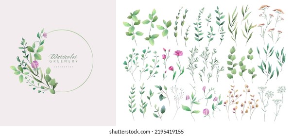 Set of luxury green leaves and flowers elements in watercolor style. Aquarelle trendy greenery branches and blooming. Vector isolated on white background for Invitation, greeting card, save the date.