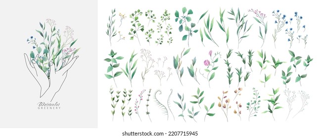 Set of luxury green leaves and flowers elements in watercolor style. Aquarelle trendy greenery branches and blooming. Vector isolated on white background for Invitation, greeting card, save the date.