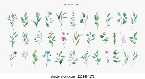 Set of luxury green leaves and flowers elements in watercolor style. Aquarelle trendy greenery branches and blooming. Vector isolated on white background for Invitation, greeting card, save the date.